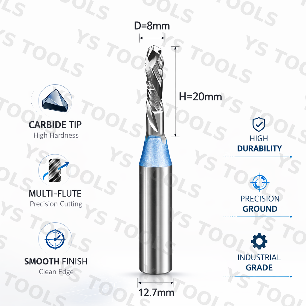 8mm Solid Carbide Compression Bit, 20mm Cut Length, 1/2" Shank