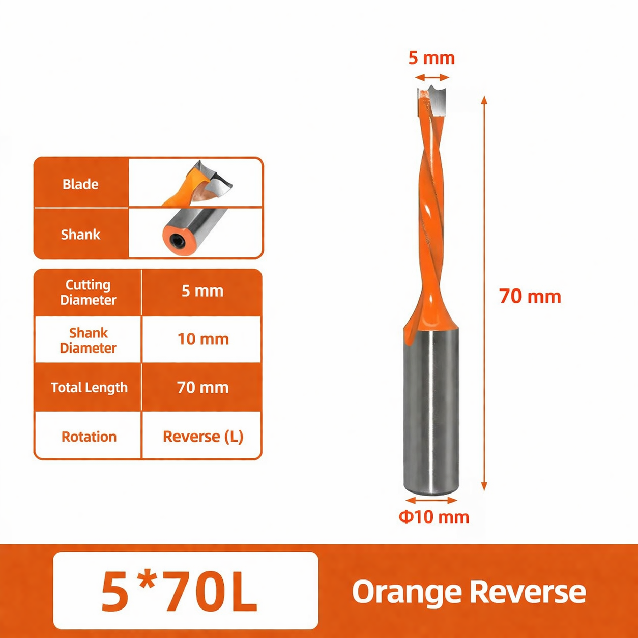 5mm x 70mm Left Hand Carbide Boring Bit, 10mm Shank