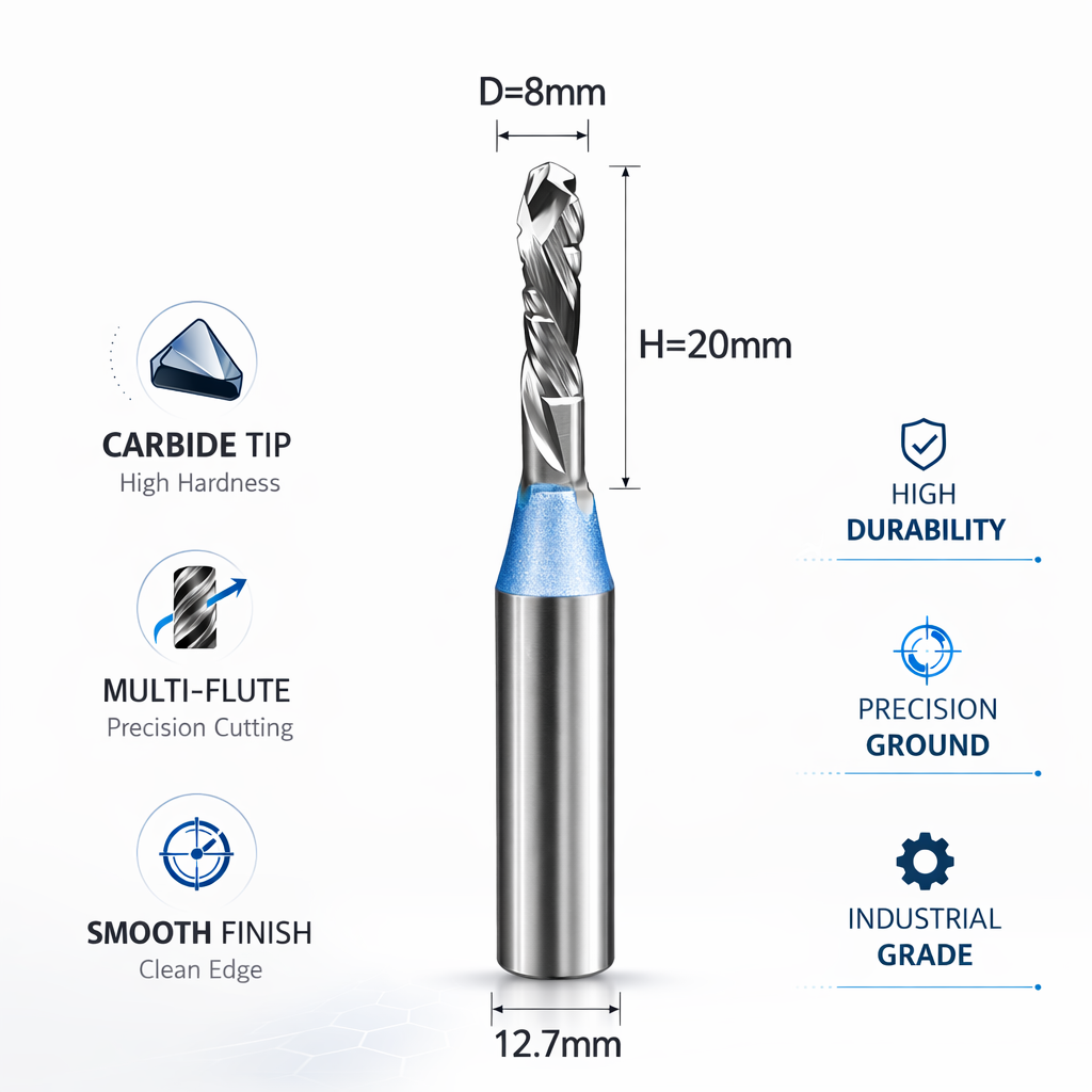 8mm Solid Carbide Compression Bit, 20mm Cut Length, 1/2" Shank