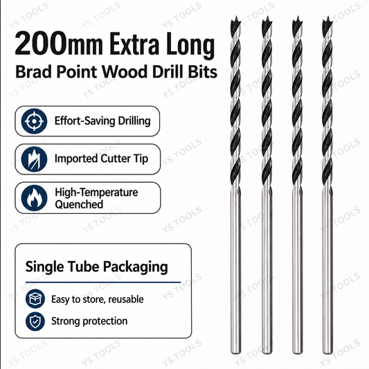 200 mm extra-long brad-point wood drill bits with single-tube packaging information