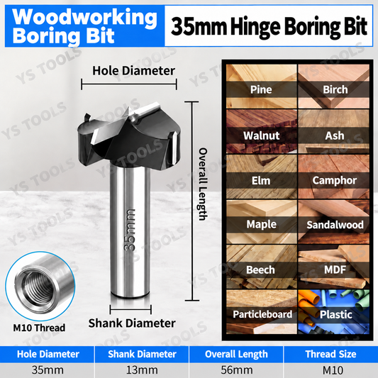 35 mm hinge boring bit included in the extension kit: 13 mm shank, 56 mm overall length and M10 internal thread
