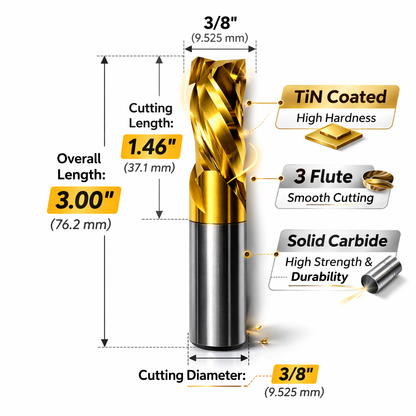 3/8" 3-Flute Solid Carbide End Mill – TiN – 3" OAL × 1.46" LOC