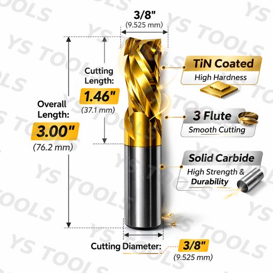 3/8" 3-Flute Solid Carbide End Mill – TiN – 3" OAL × 1.46" LOC